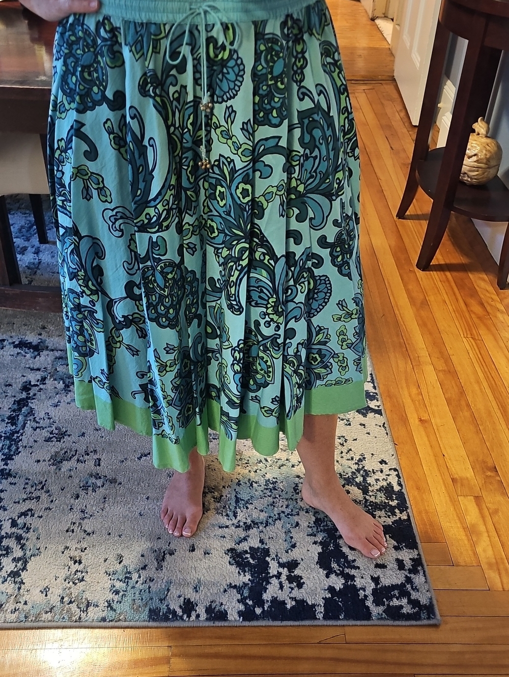 Aqua Floral Pleated Midi Skirt with Green Trim